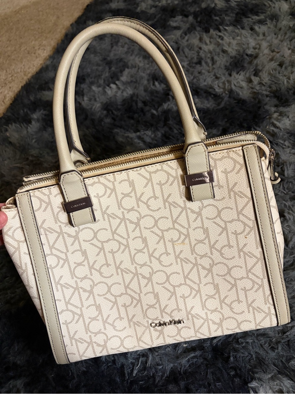 Calvin Klein Cream Monogram Satchel with Top Handles